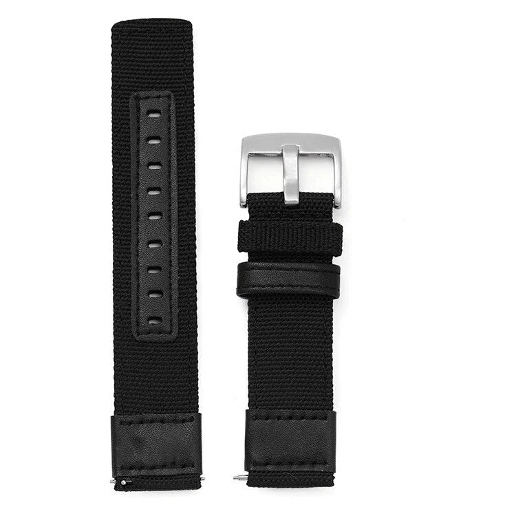 UPro sailcloth quick-release watch strap, black leather centre - Black, silver buckle