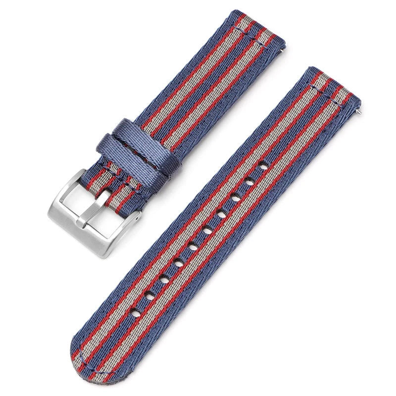 Blue, red and grey striped nylon quick-release watch strap, 20mm