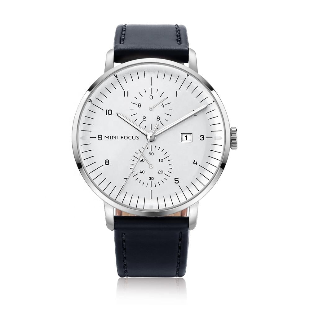 MINI FOCUS minimalist quartz chronograph watch with leather band, product photo