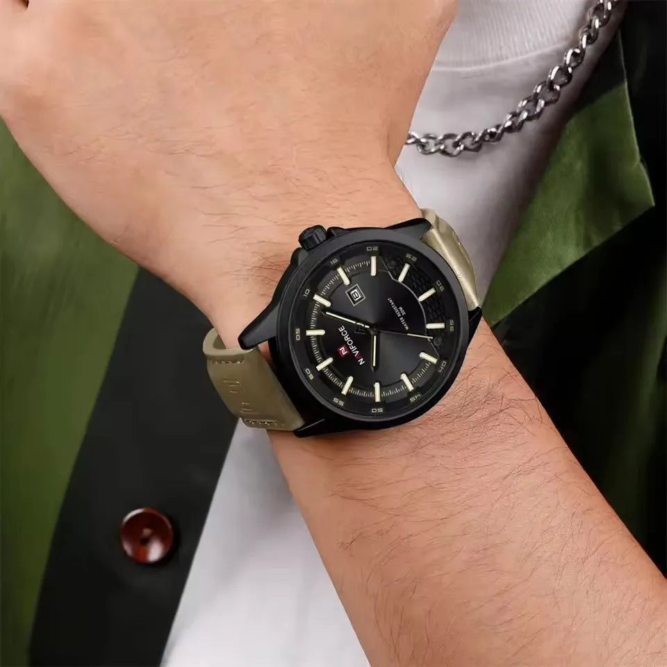 NAVIFORCE 9248 sport calendar quartz watch worn on a wrist with a green jacket