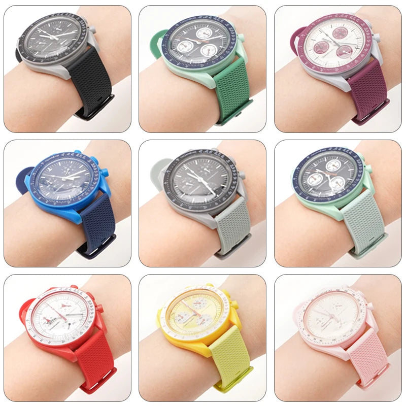 Silicone quick-release straps fitted to a watch, nine colours