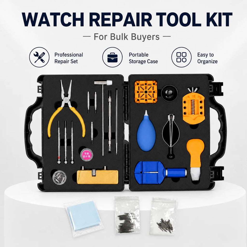 Watch repair tool kit in a black hard carry case