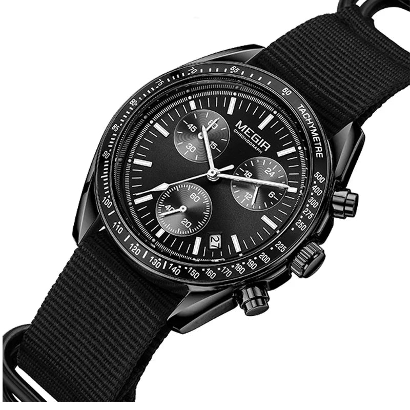 MEGIR 2247 quartz chronograph watch, black dial, black nylon strap