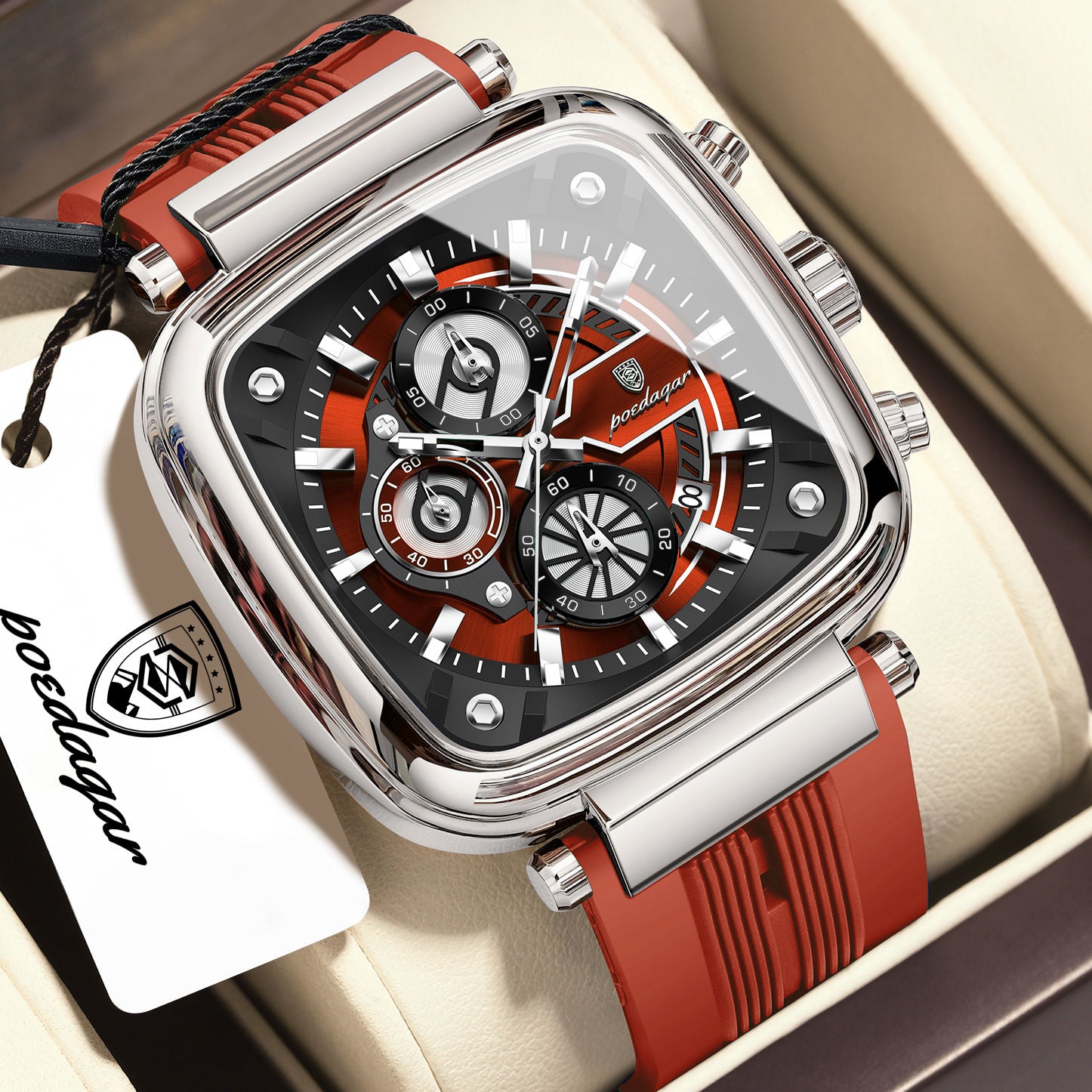 POEDAGAR 849 Silver Red square chronograph