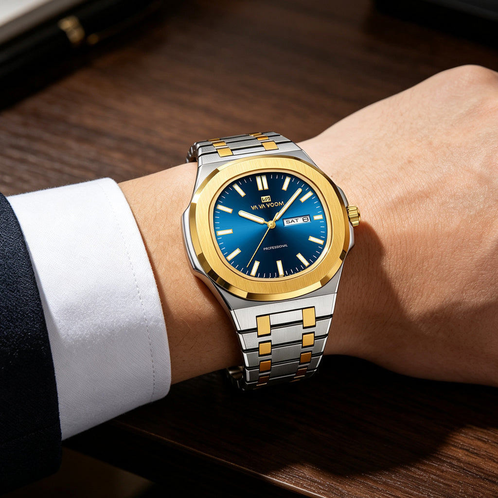 VA VA VOOM Octagonal Day-Date watch, two-tone with blue dial, worn on the wrist with a white shirt cuff