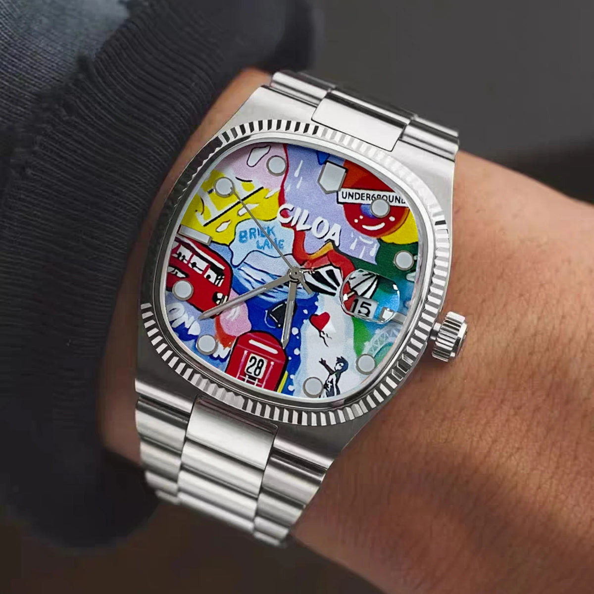 CILOA Square Painted Dial Quartz Watch, Bus