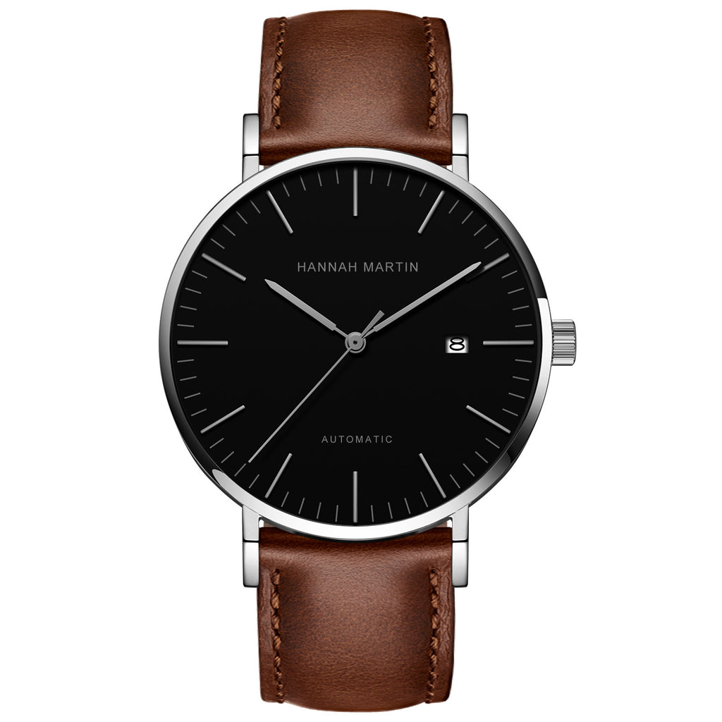 HANNAH MARTIN 1801 Automatic 41mm, black dial and steel case on brown leather, front view on white