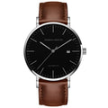 HANNAH MARTIN 1801 Automatic 41mm, black dial and steel case on brown leather, front view on white
