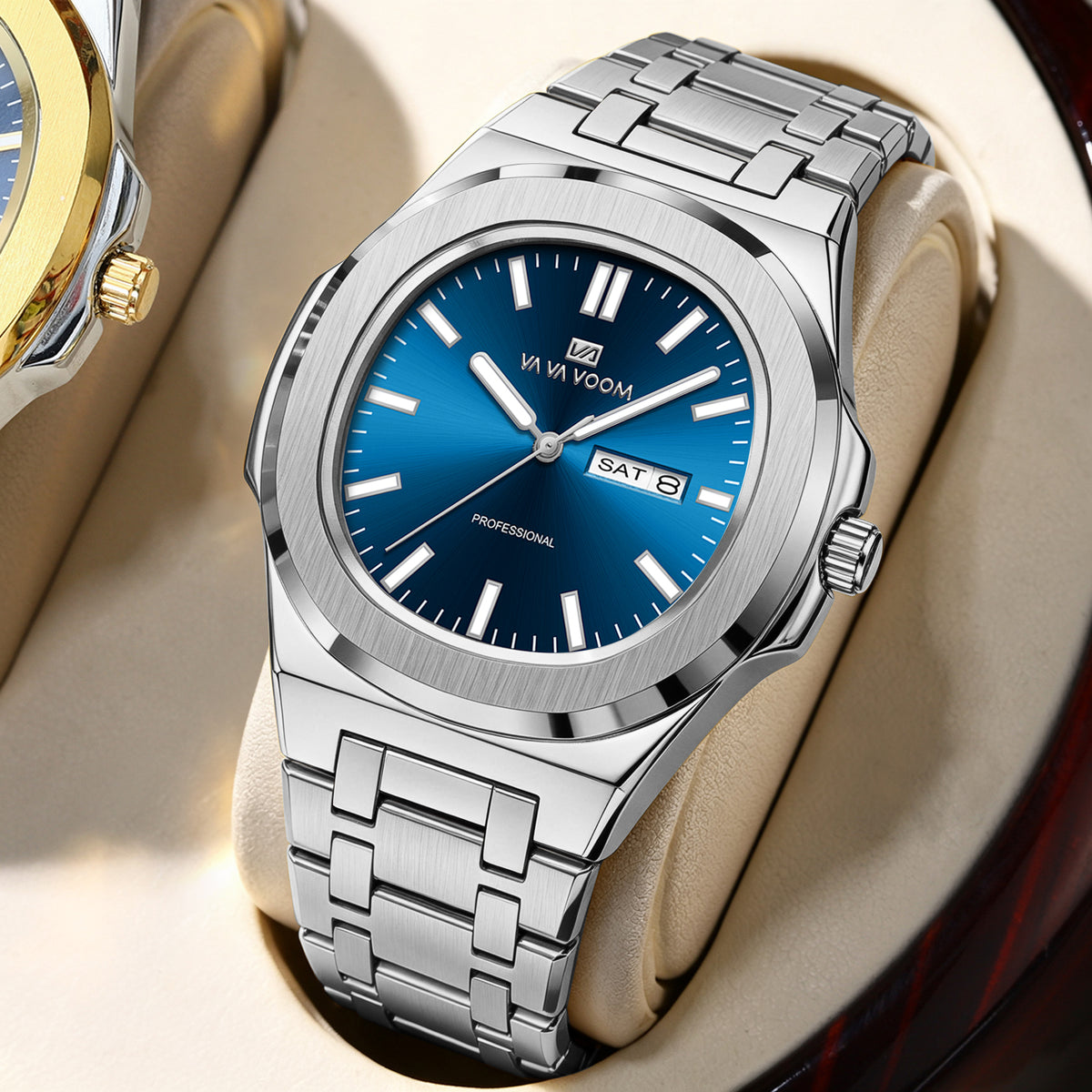 VA VA VOOM Octagonal Day-Date watch, steel with blue dial, in its presentation box