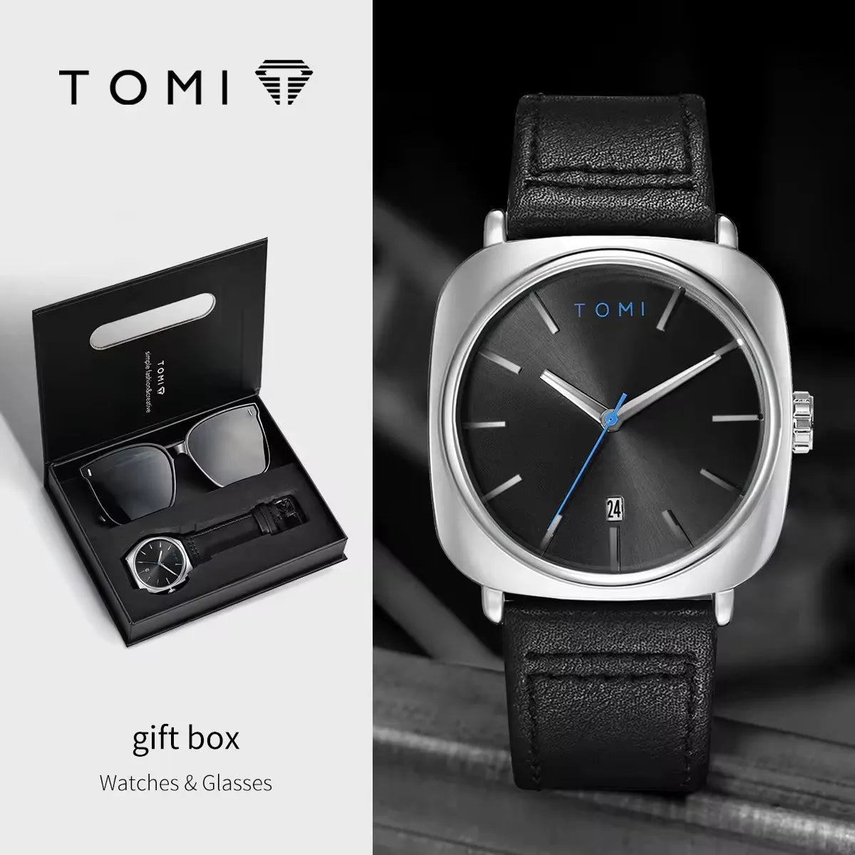 TOMI T084 silver case black dial watch and sunglasses gift set