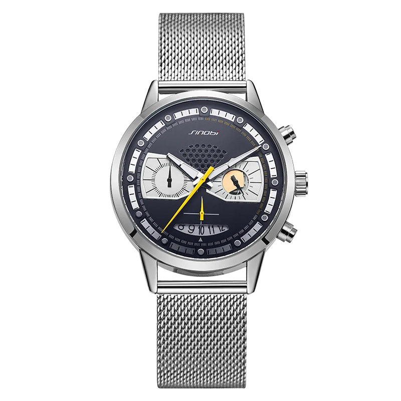 SINOBI S9814G silver steel-mesh watch on white background