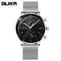 OLIKA 9075 black dial quartz chronograph with silver stainless-steel mesh bracelet