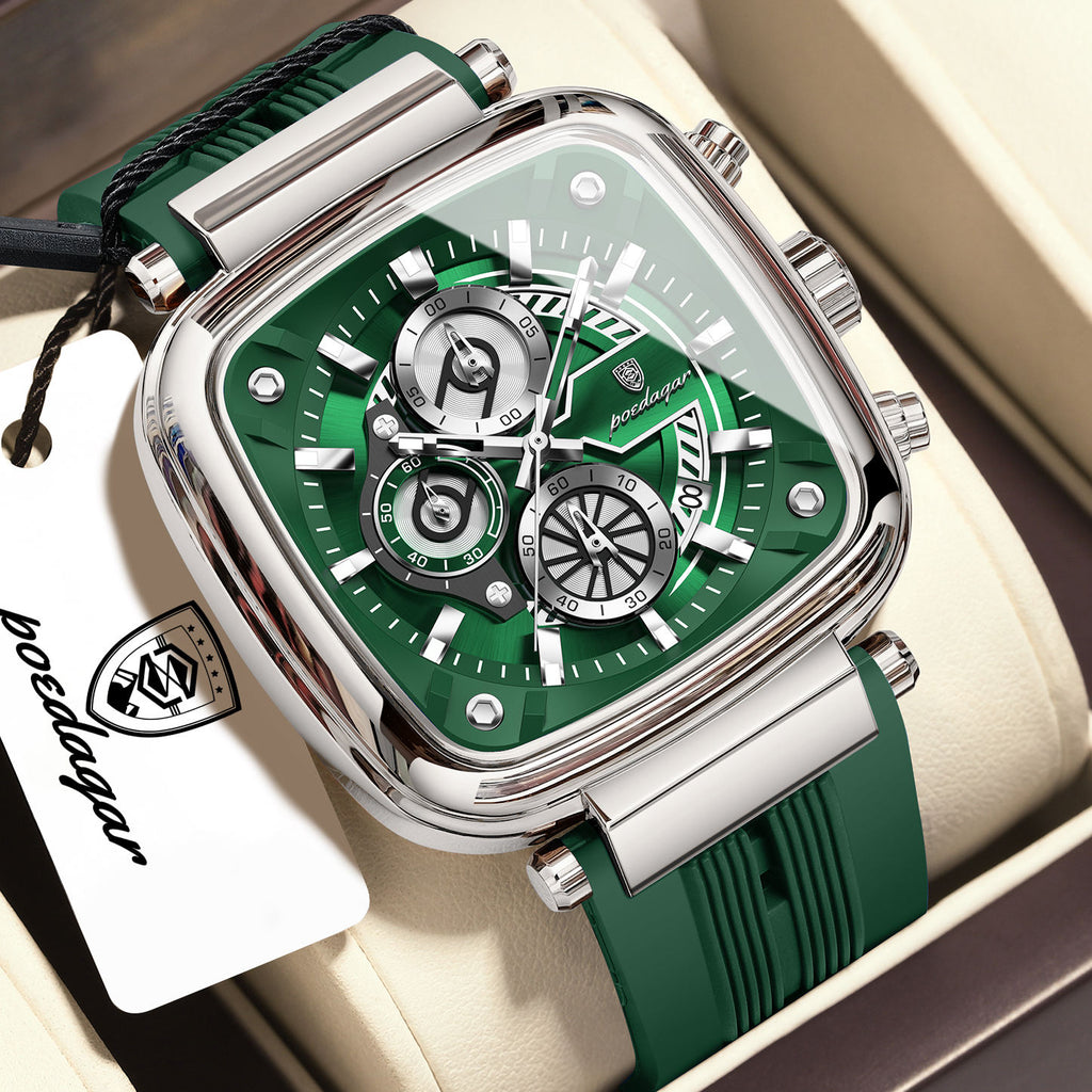 POEDAGAR 849 Silver Green square chronograph