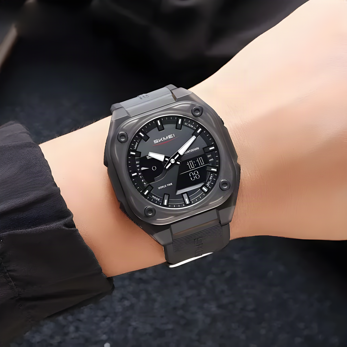 SKMEI 2328 Black Transparent watch worn on wrist