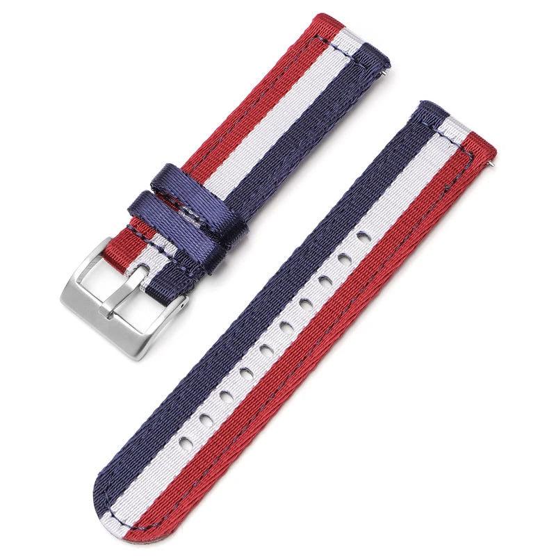 Red, white and blue striped nylon quick-release watch strap, 20mm