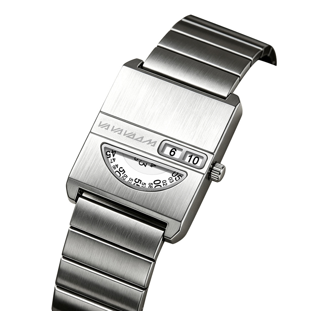 VA VA VOOM No-Hands Square watch in silver, three-quarter view on white