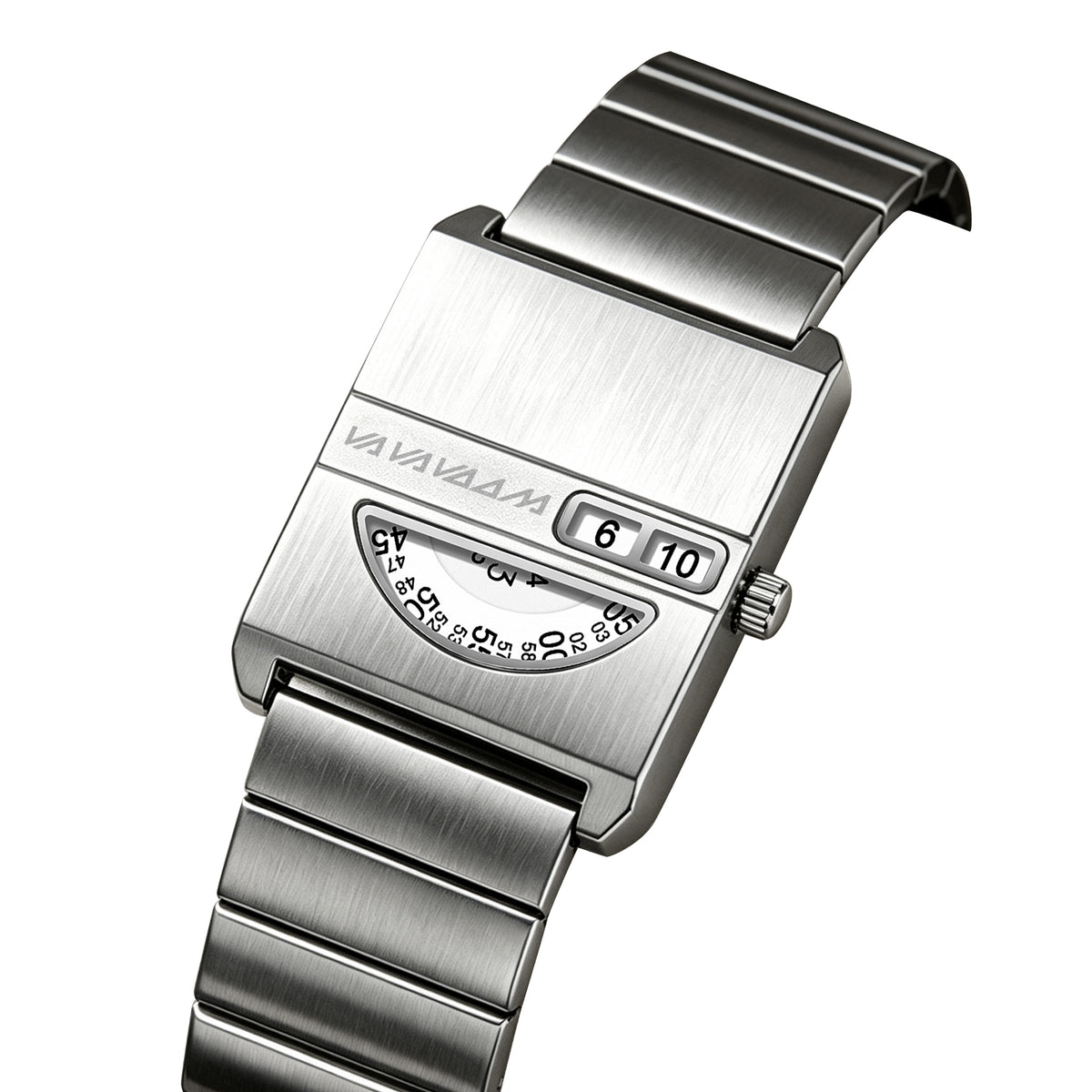 VA VA VOOM No-Hands Square watch in silver, three-quarter view on white