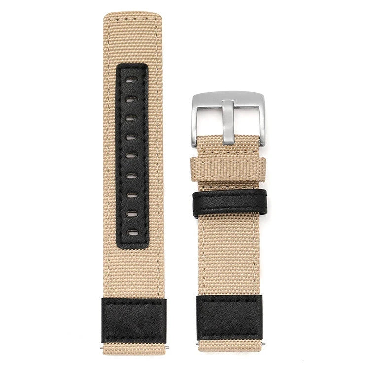 UPro sailcloth quick-release watch strap, black leather centre - Khaki, silver buckle