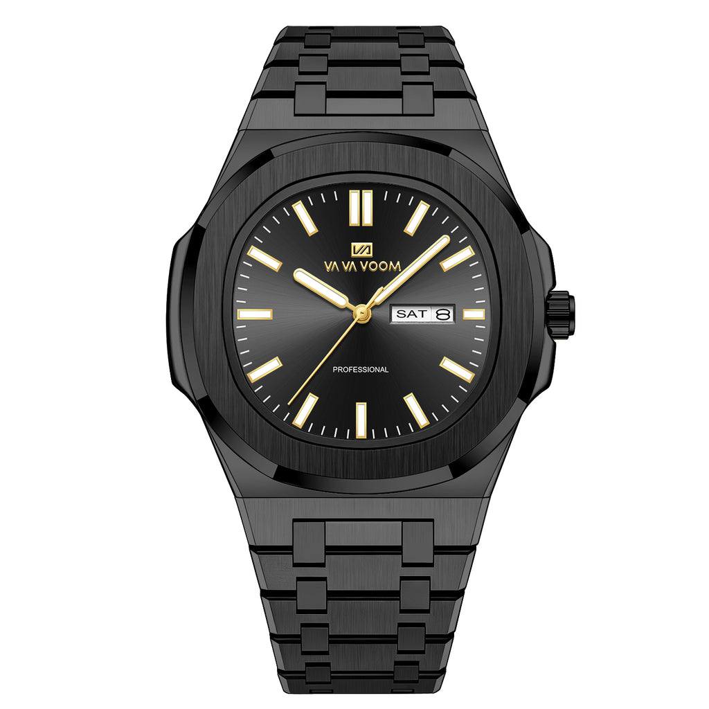 VA VA VOOM Octagonal Day-Date watch, black with gold hands, front view on white