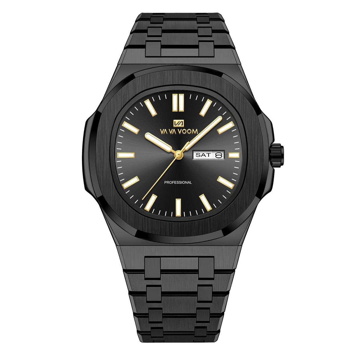 VA VA VOOM Octagonal Day-Date watch, black with gold hands, front view on white