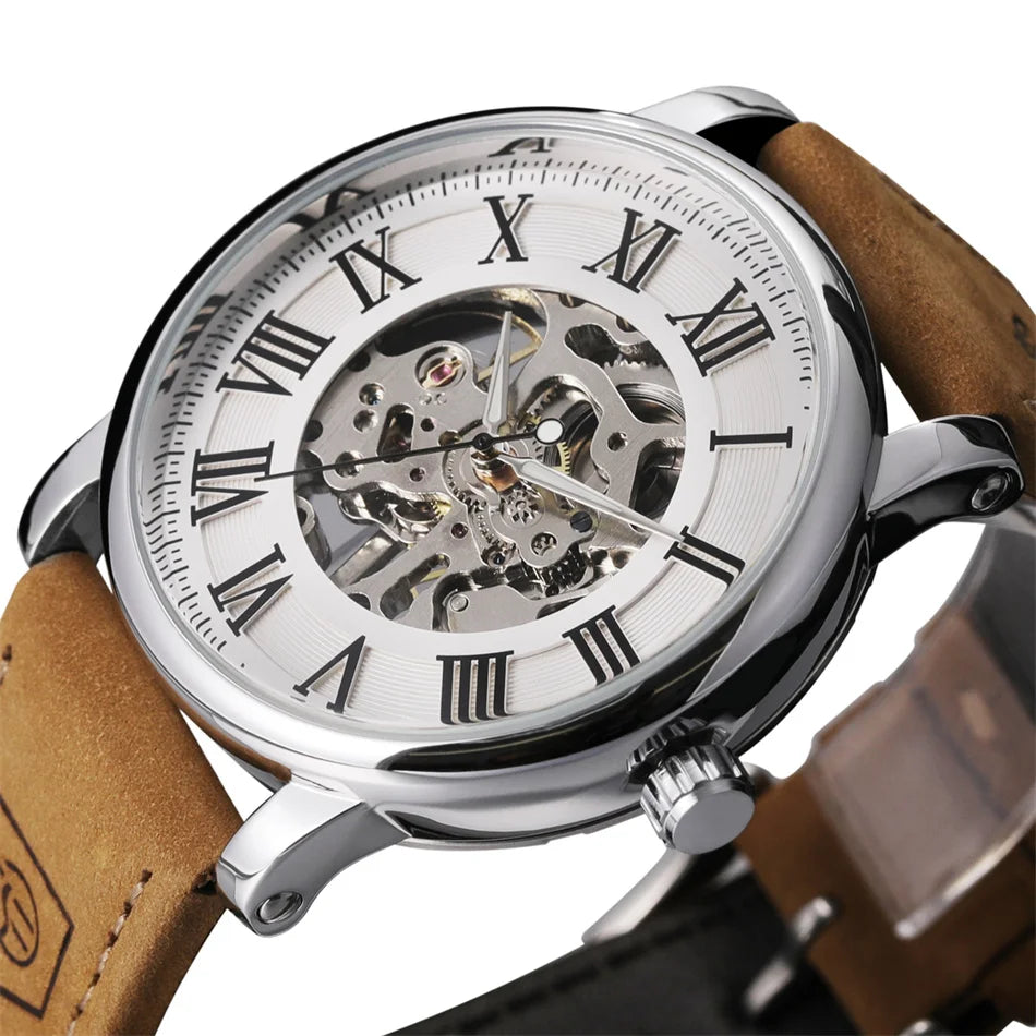 FORSINING 160G hand-wound skeleton watch with white Roman-numeral dial and brown leather strap, close view
