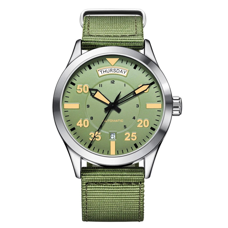 OCHSTIN 62028 green dial automatic field watch with green nylon strap on white background