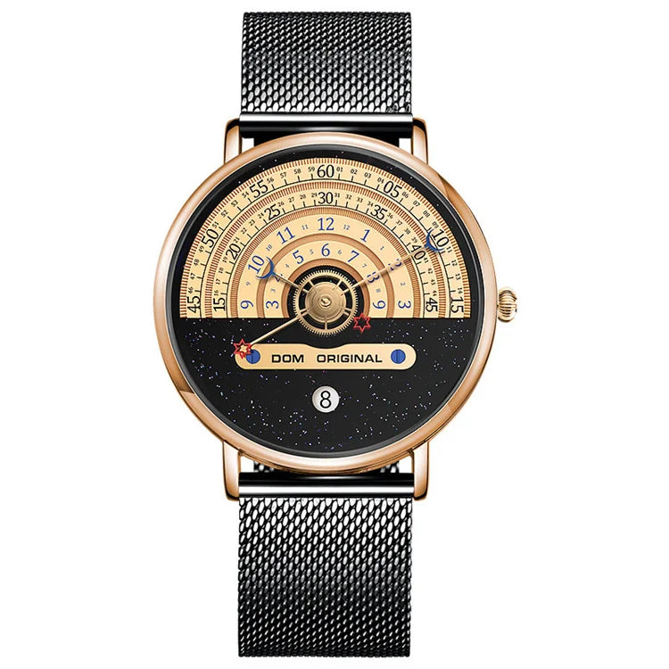 DOM M-1288 rose gold case and black mesh bracelet with gold half-dial