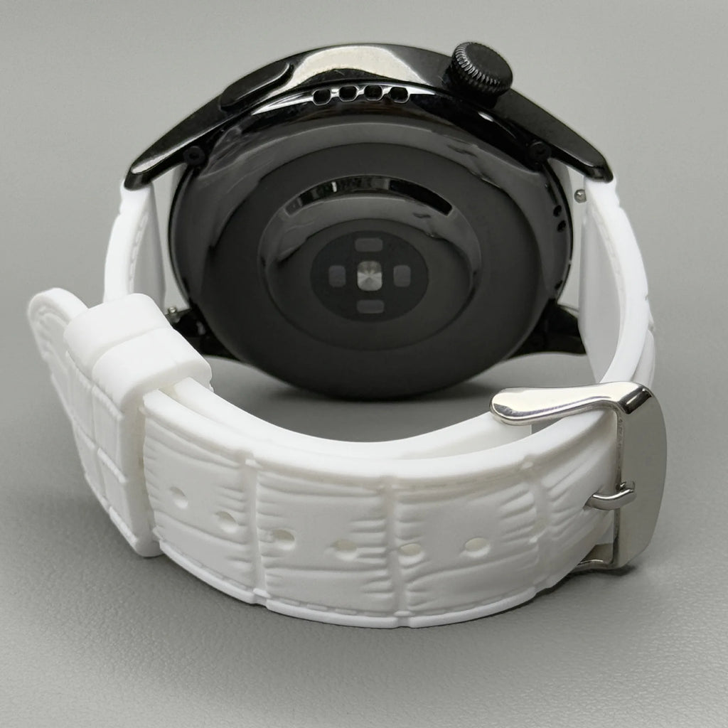 1GW White leather-texture silicone watch strap with silver pin buckle, shown fitted to a watch