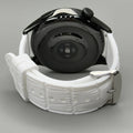 1GW White leather-texture silicone watch strap with silver pin buckle, shown fitted to a watch