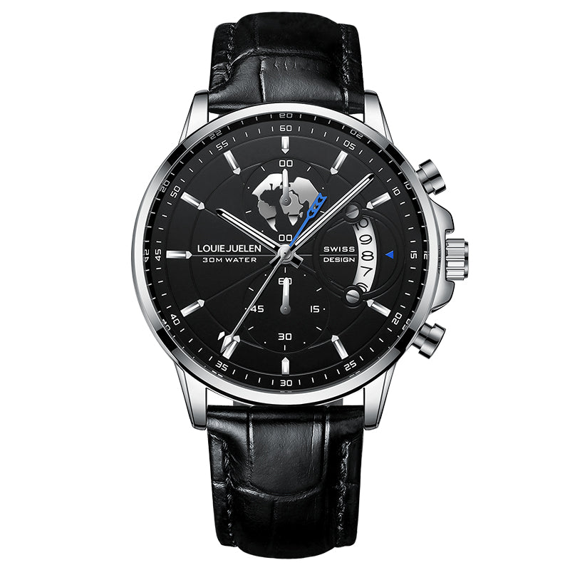 LOUIE JUELEN 576 silver case black dial leather strap
