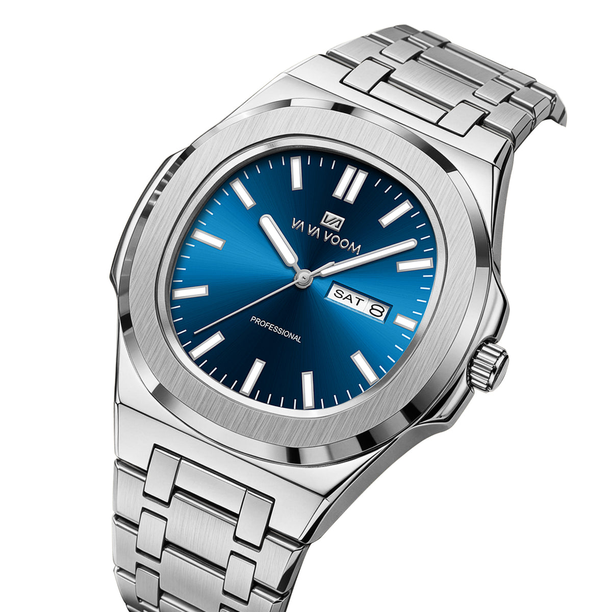 VA VA VOOM Octagonal Day-Date watch, steel with blue dial, three-quarter view on white