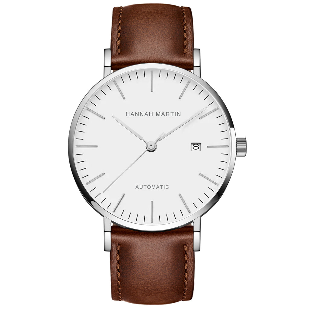 HANNAH MARTIN 1801 Automatic 41mm, white dial and steel case on brown leather, front view on white