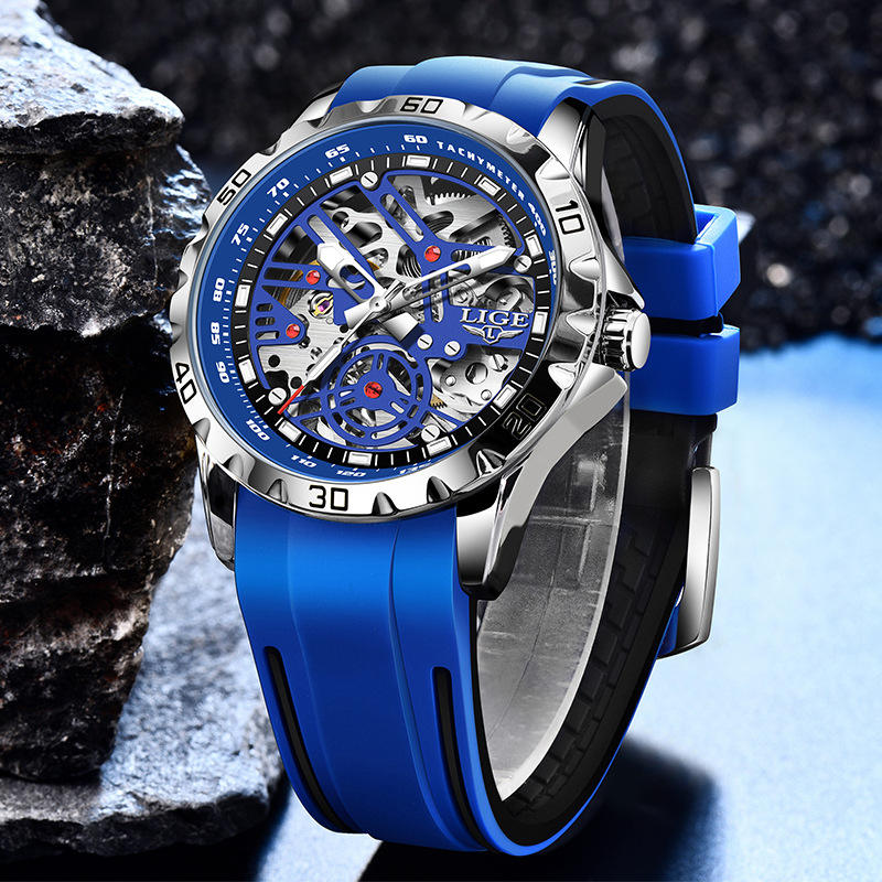 LIGE 89118 Silver / Blue skeleton automatic watch styled beside dark stone