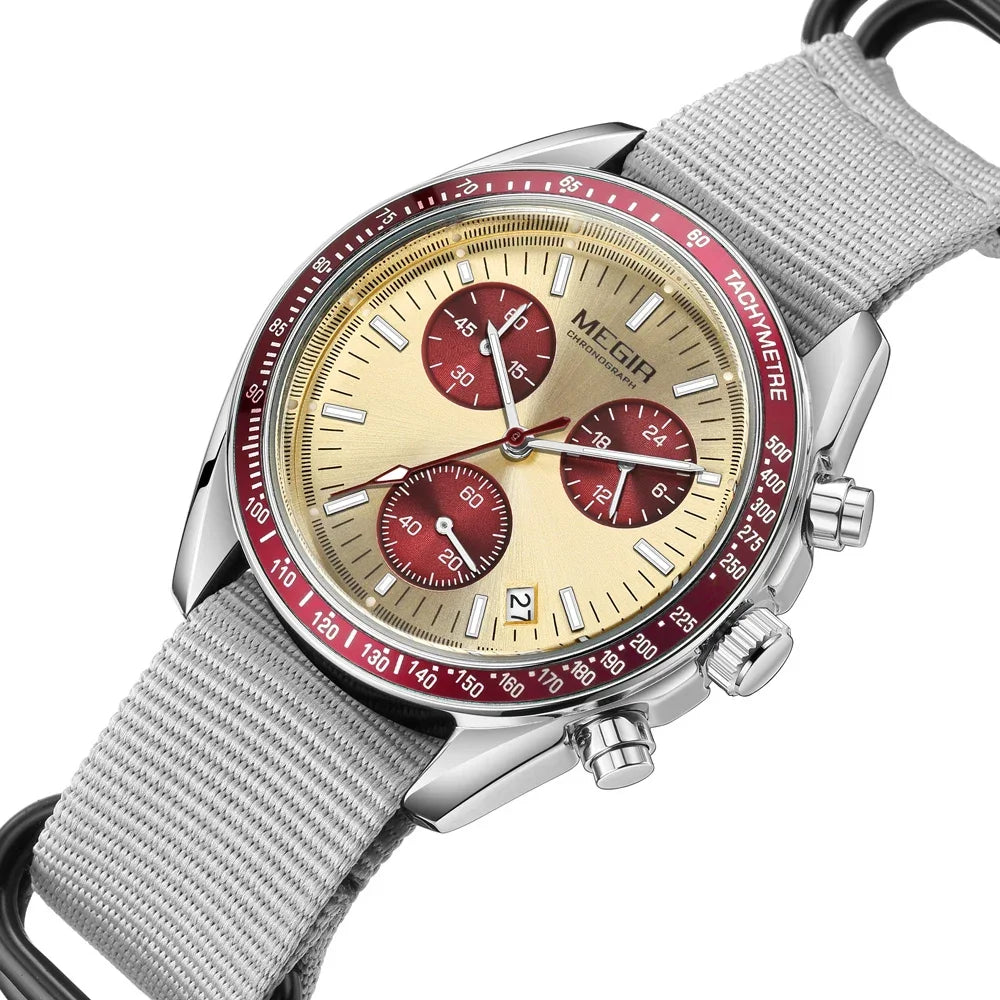 MEGIR 2247 gray dial quartz chronograph with black canvas strap on white background