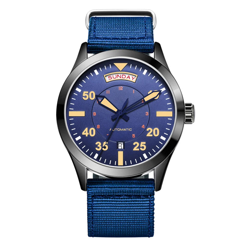 OCHSTIN 62028 blue dial automatic field watch with blue nylon strap on white background