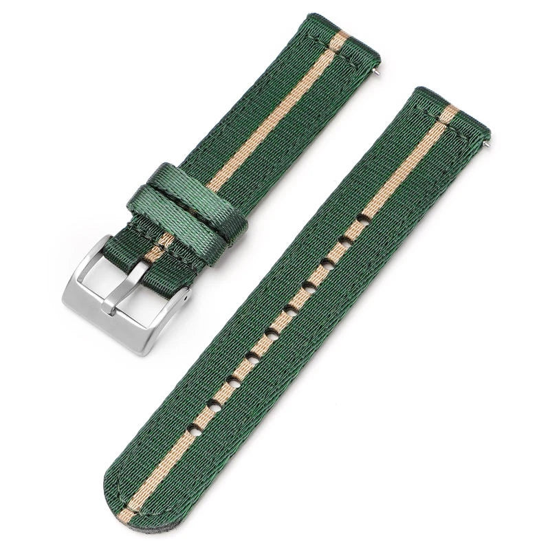 Dark green and beige striped nylon quick-release watch strap, 20mm