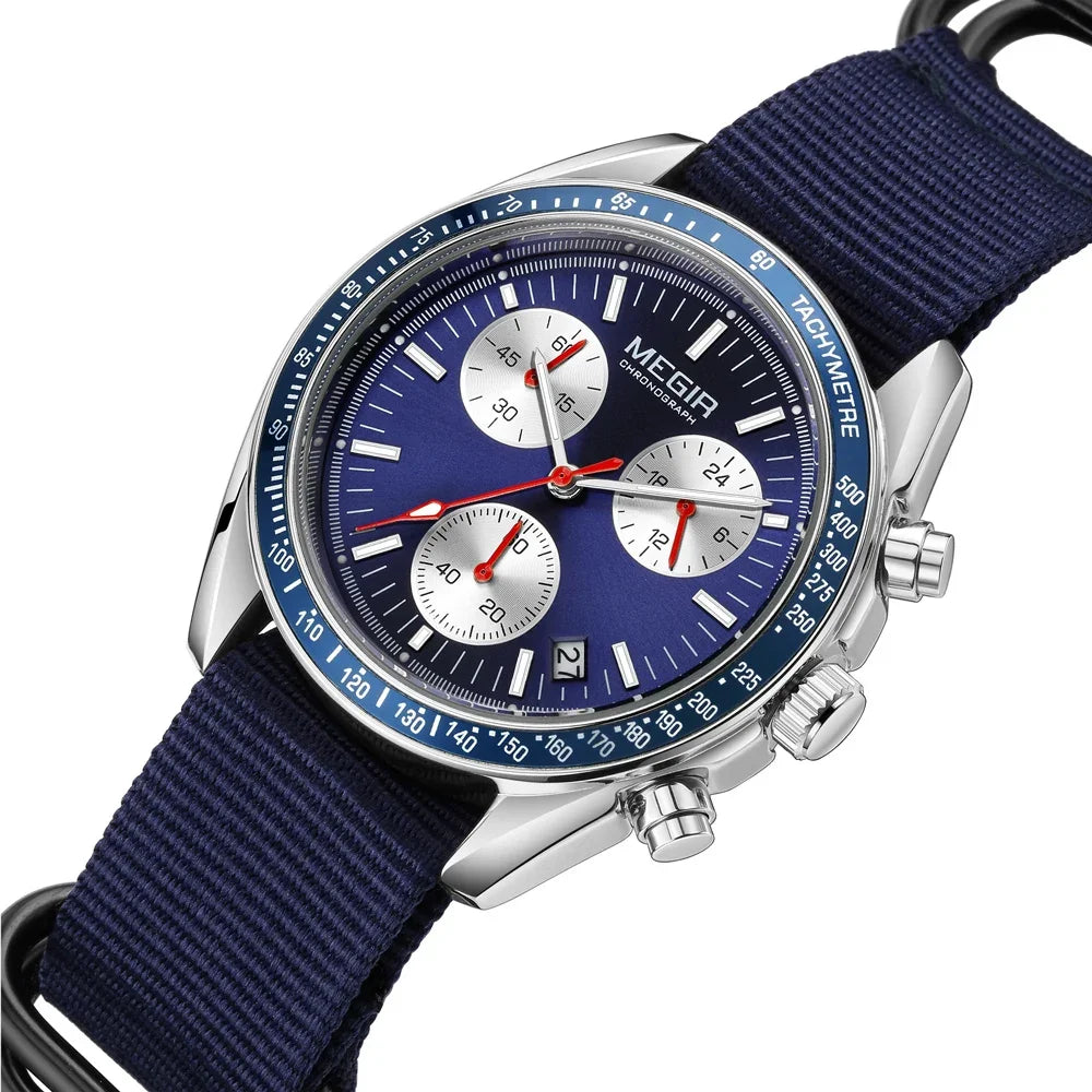MEGIR 2247 blue dial quartz chronograph with blue canvas strap on white background