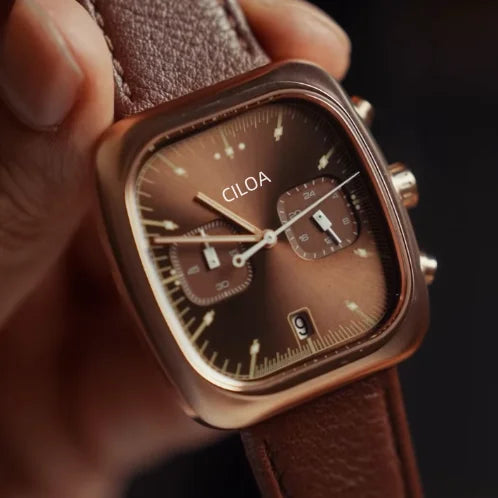 CILOA Retro Cushion Square Chronograph Watch, Brown