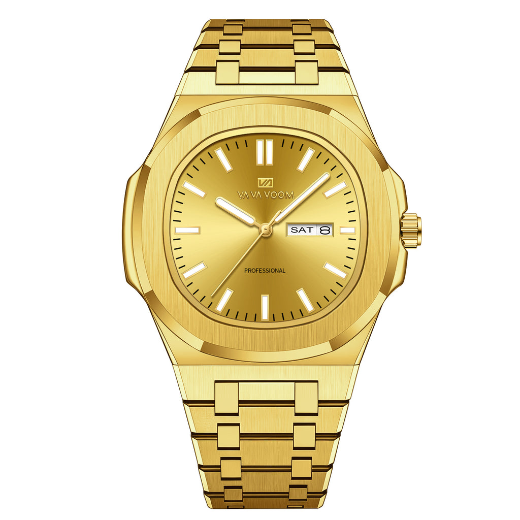 VA VA VOOM Octagonal Day-Date watch in all gold, front view on white