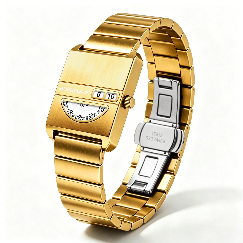 VA VA VOOM No-Hands Square watch in gold, three-quarter view on white showing the bracelet