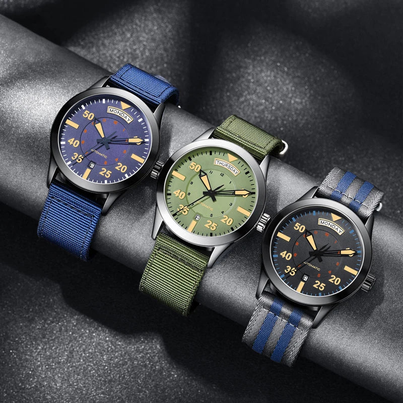 OCHSTIN 62028 black dial automatic field watch with black nylon strap