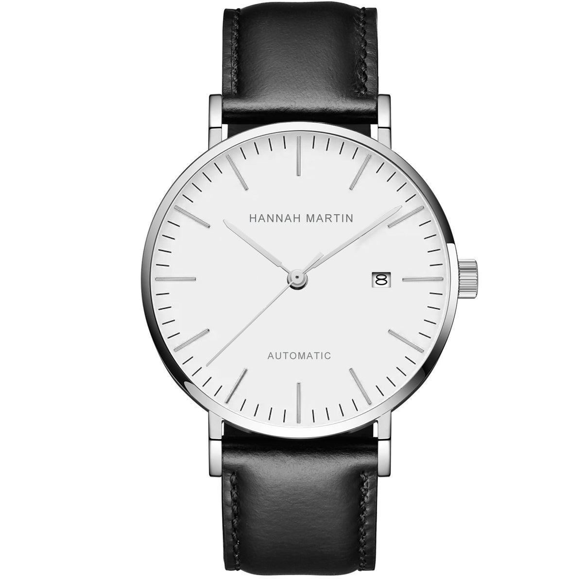 HANNAH MARTIN 1801 Automatic 41mm, white dial and steel case shown on a black leather strap