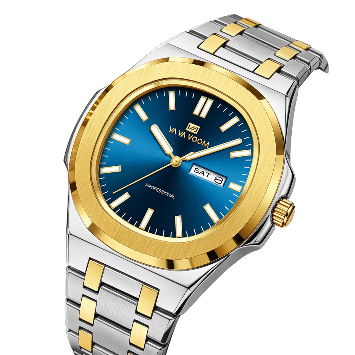 VA VA VOOM Octagonal Day-Date watch, two-tone with blue dial, three-quarter view on white