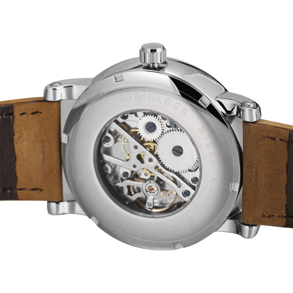 FORSINING 160G hand-wound skeleton watch exhibition caseback and brown leather strap