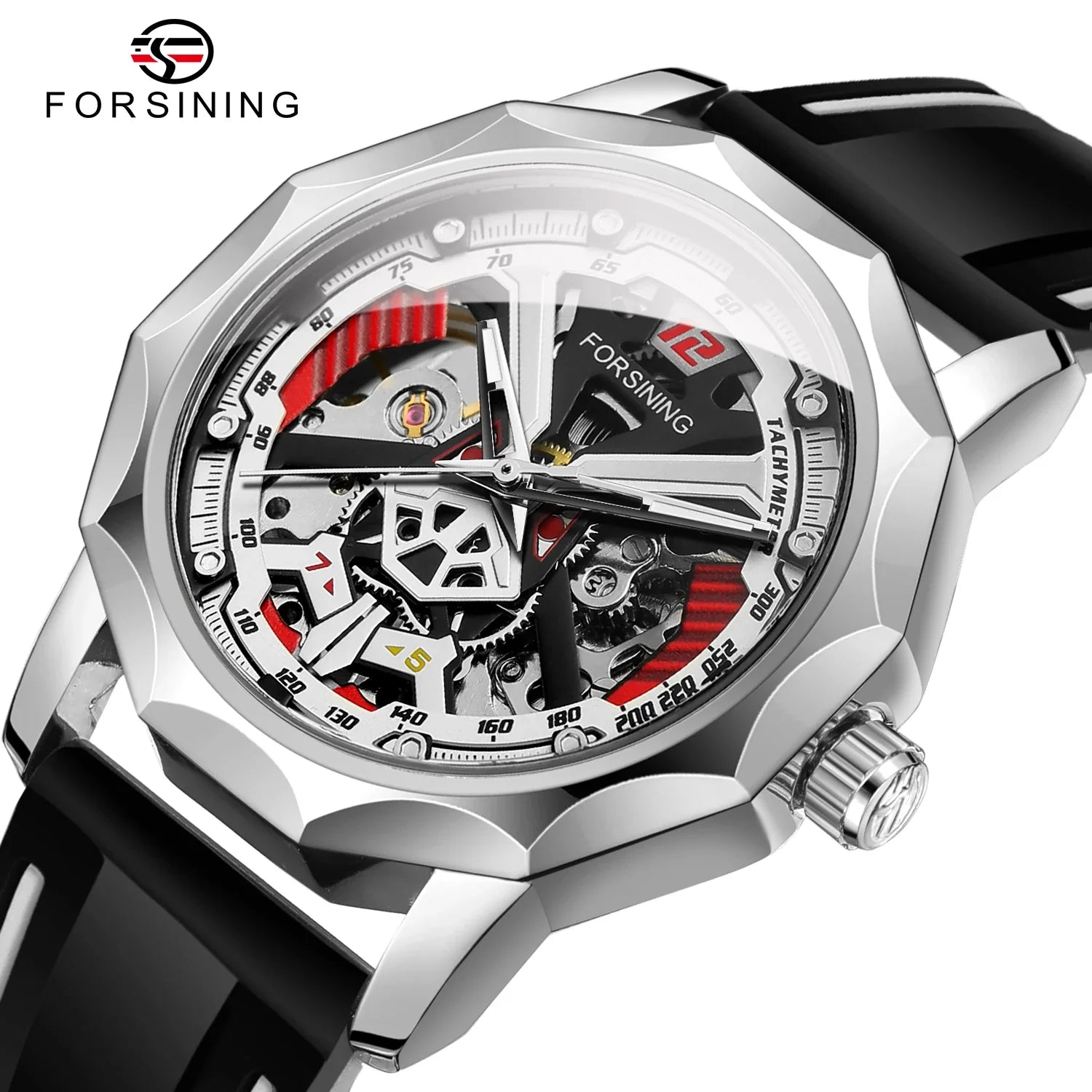 FORSINING H199M Black Silver skeleton dial close-up