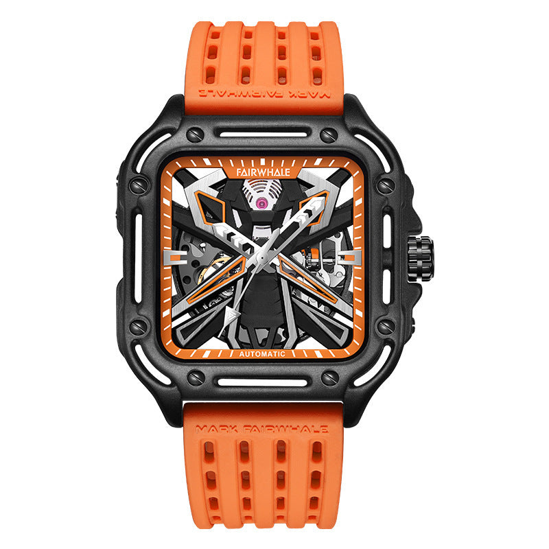 Mark Fairwhale 6540 square skeleton automatic watch with orange silicone strap