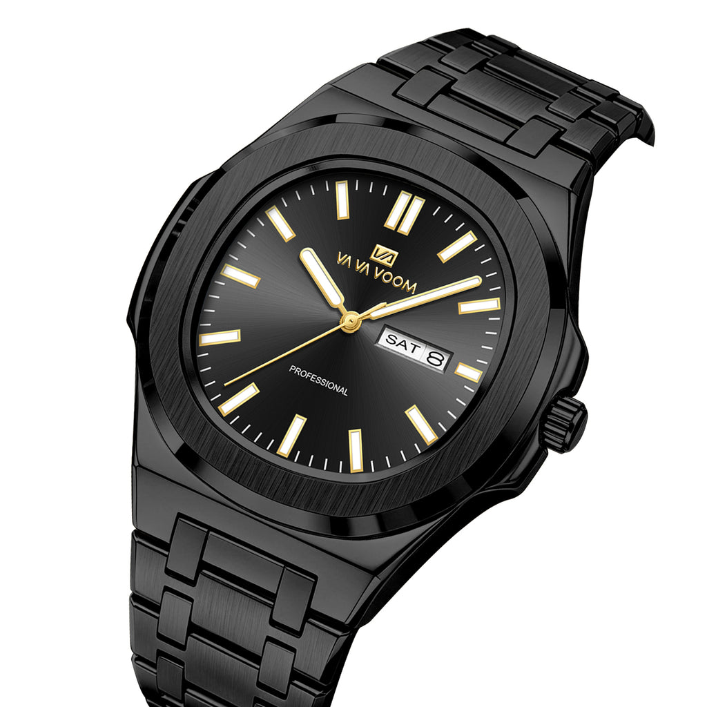 VA VA VOOM Octagonal Day-Date watch, black with gold hands, three-quarter view on white