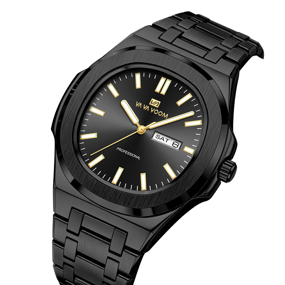 VA VA VOOM Octagonal Day-Date watch, black with gold hands, three-quarter view on white
