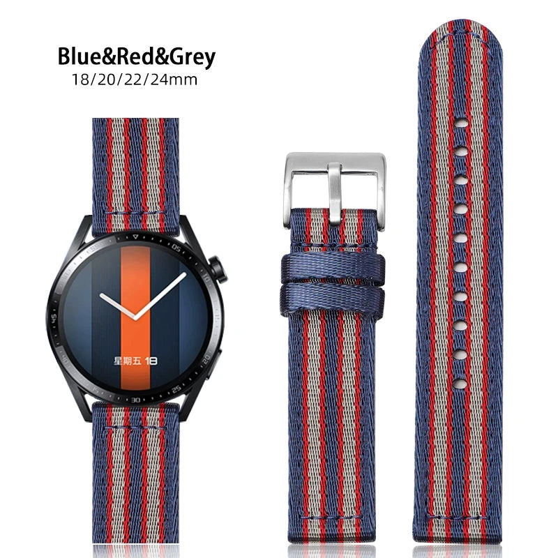 Blue, red and grey striped nylon strap fitted to a watch