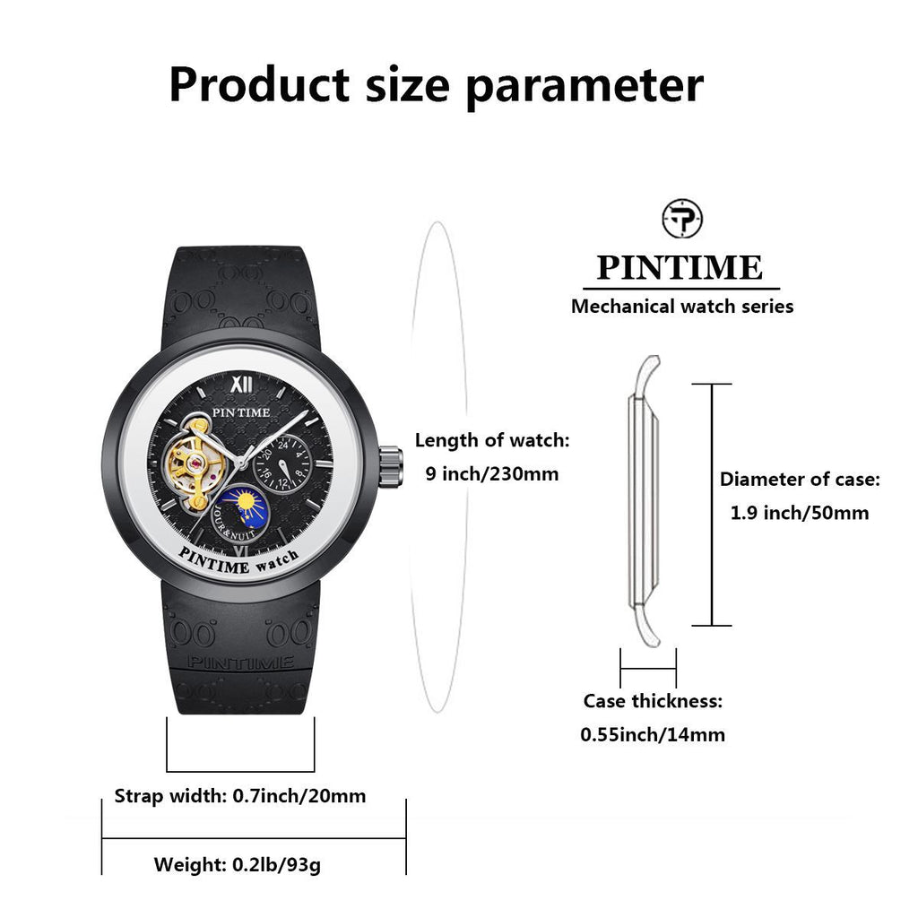 PINTIME PT2980 size guide showing 50mm case diameter, 14mm case thickness, 20mm strap width and 230mm total length